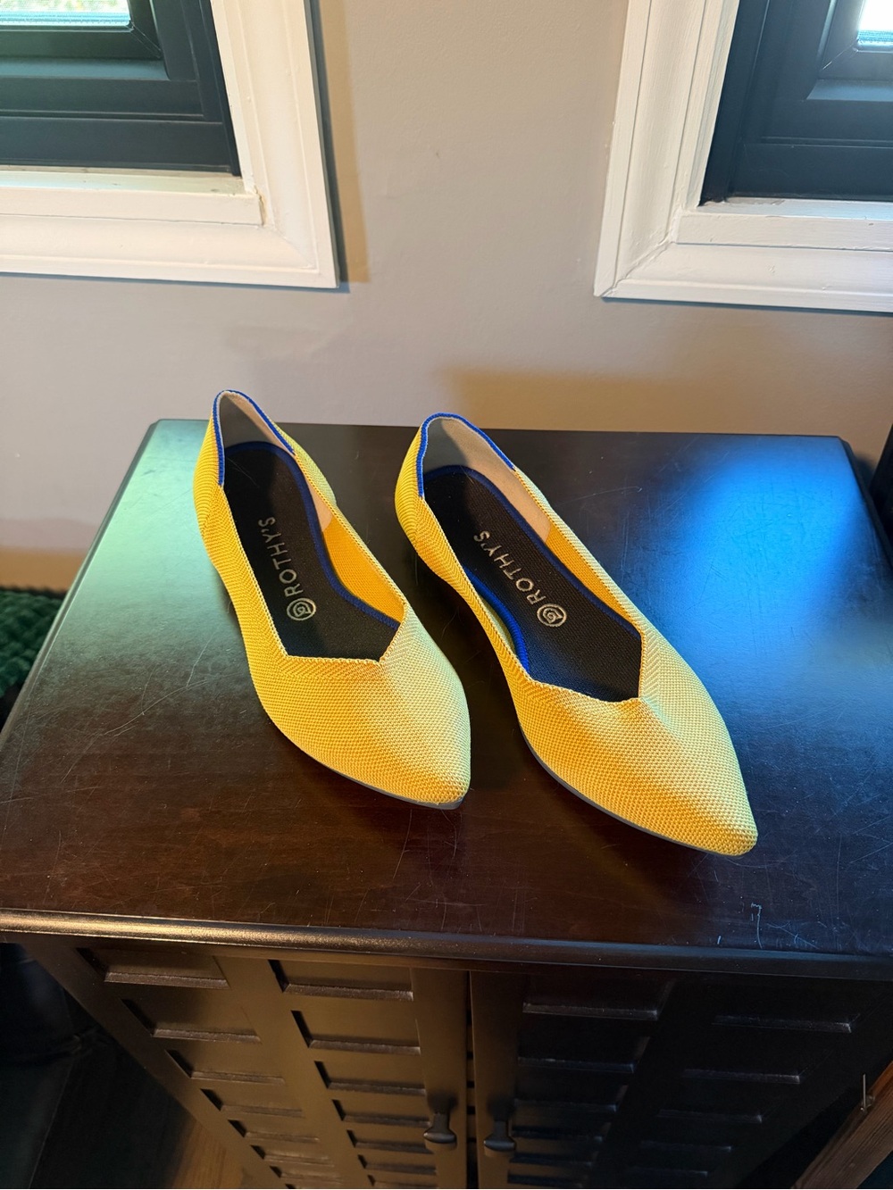 Rothy's: The Point - Yellow Knit Flats with Blue Trim